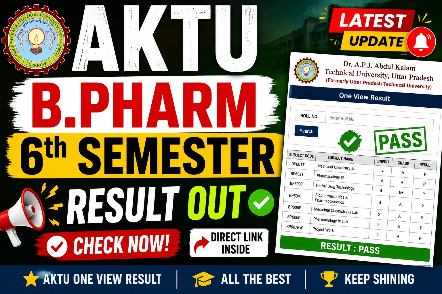 AKTU B.Pharm 6th Semester Result 2026